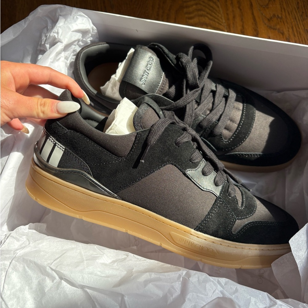 BRAND NEW Men’s Jimmy Choo Black and Gray Sneakers with Tan Sole